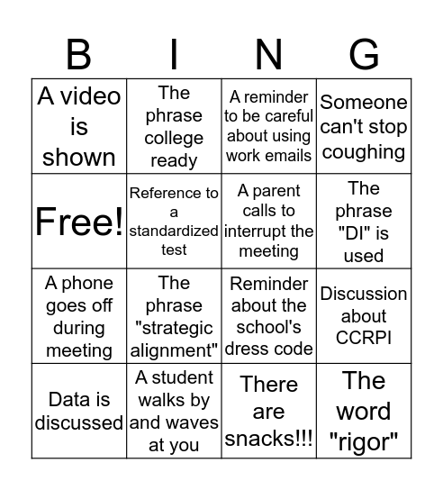 LOES Faculty Meeting Bingo Card