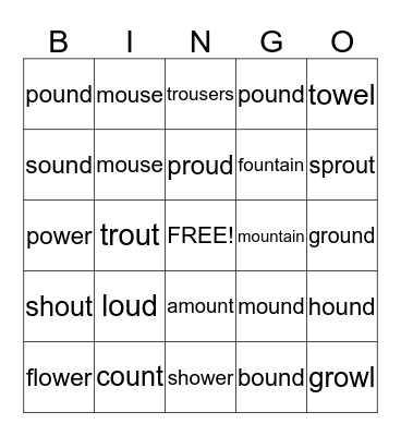 phonic sounds ou ow Bingo Card