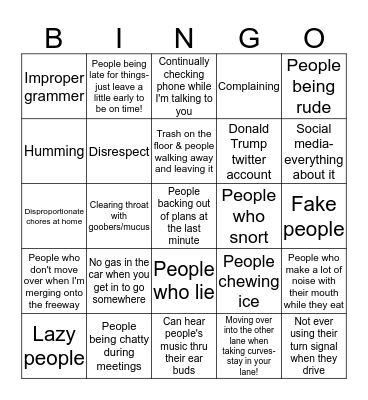 2018 Great Kindness Challenge Game: Pet Peeve Bingo Card
