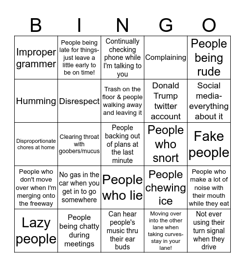 2018 Great Kindness Challenge Game: Pet Peeve Bingo Card