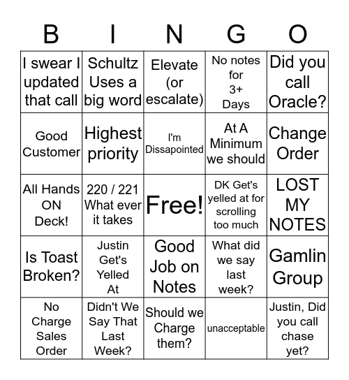 Thursday Morning Bingo Card