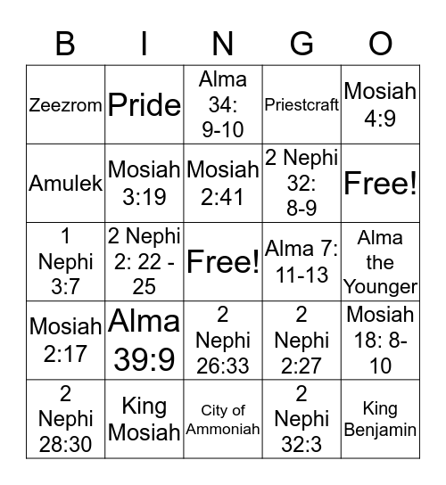 Book or Mormon Doctrinal Mastery Bingo Card