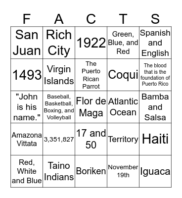 Puerto Rico Facts Bingo Card