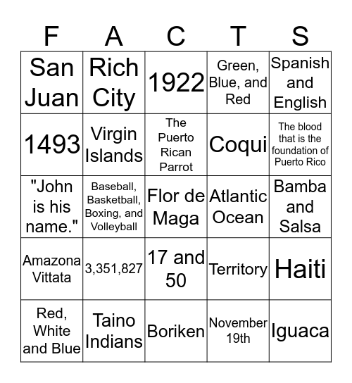 Puerto Rico Facts Bingo Card