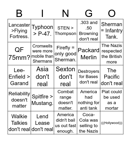 WW2 Britbong Bingo Card