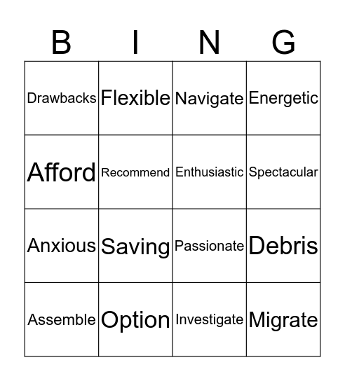 4th and 5th grade vocabulary Bingo Card