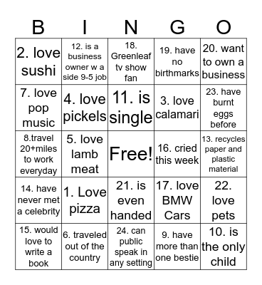 BINGO TO MEET YOU Bingo Card