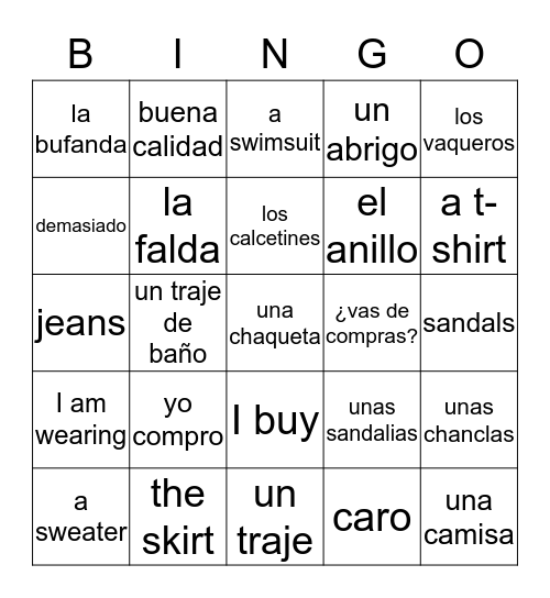 La ropa Bingo Card