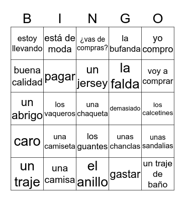 La ropa Bingo Card