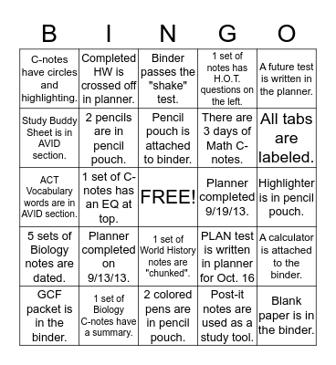 AVID Binder BINGO Blackout Bingo Card