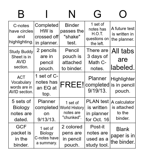 AVID Binder BINGO Blackout Bingo Card