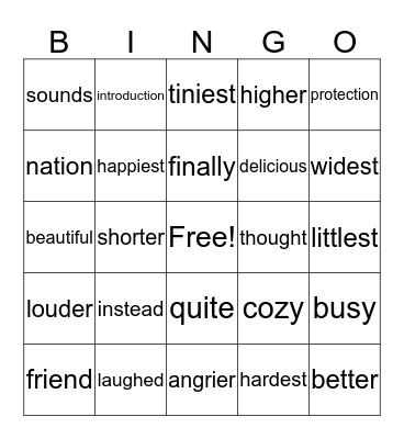 Level L Words Bingo Card