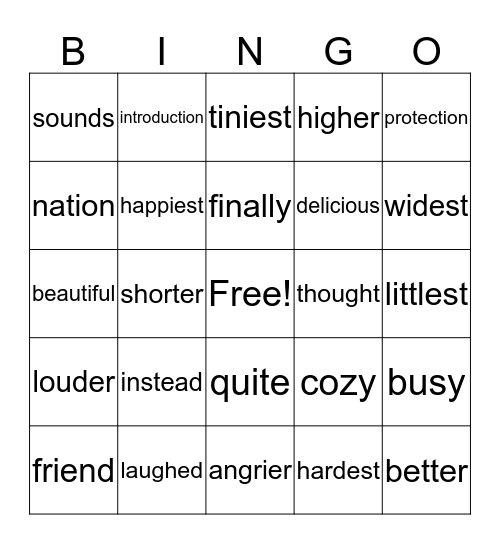 Level L Words Bingo Card