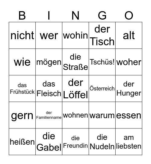 Wörter Kapitel 1 & 2 Bingo Card