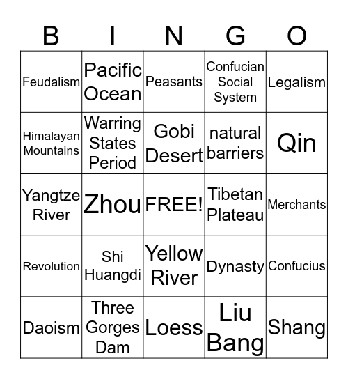 Ancient China With Geography Bingo Card