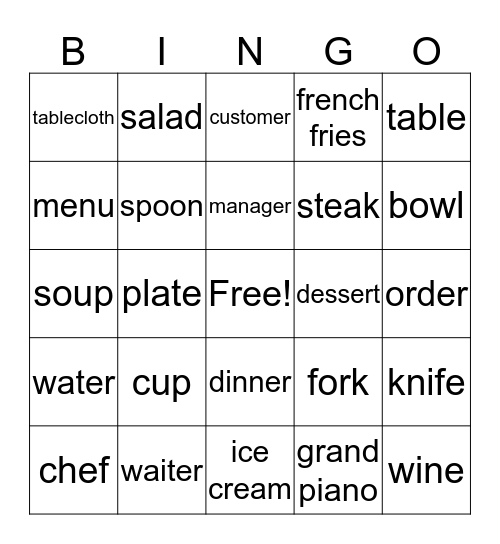 Restaurant Bingo Card