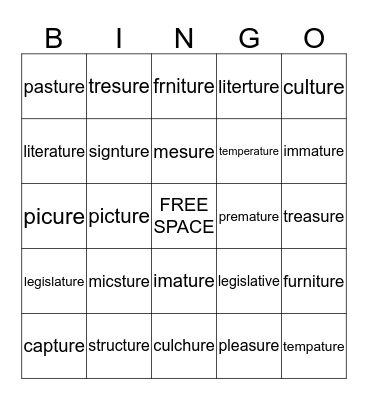 S  P  E  L  L Bingo Card