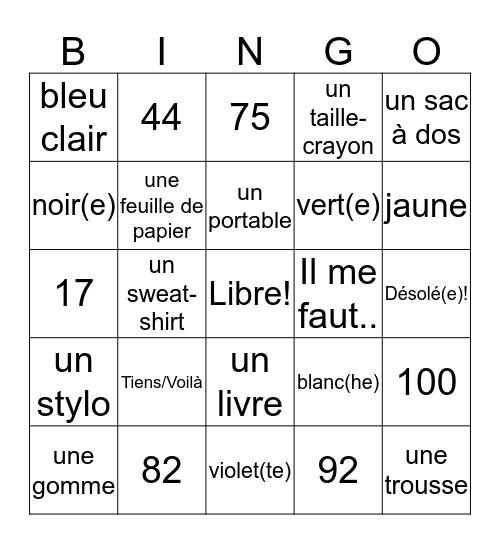 French 1 Bien Dit chapitre 4 vocabulaire 2 Bingo Card