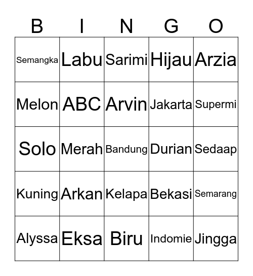 Bismillah Bingo Card