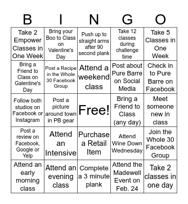 Pure Barre Olympic Bingo Card