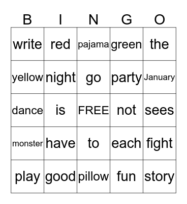 Pajama Party Bingo Card