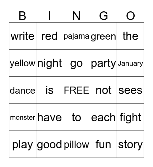 Pajama Party Bingo Card