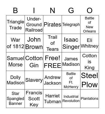 War of 1812/Early 1800's Bingo Card