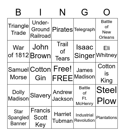 War of 1812/Early 1800's Bingo Card