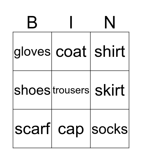 clothes Bingo Card