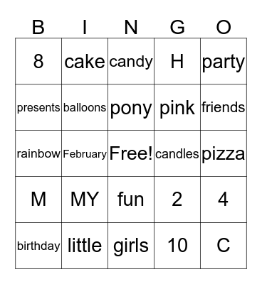 Cassidy's 8 Birthday!! Bingo Card