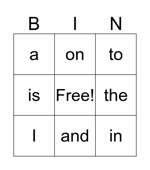 Sight Words Bingo Card