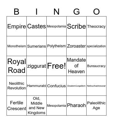 Early Man/Civilizations1 Bingo Card