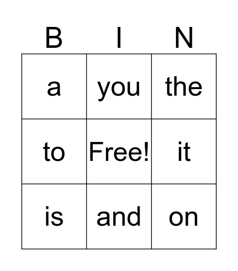 Sight Words Bingo Card