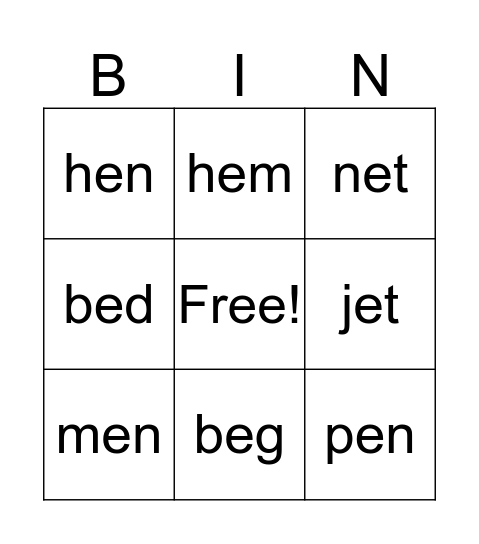 CVC Words Bingo Card