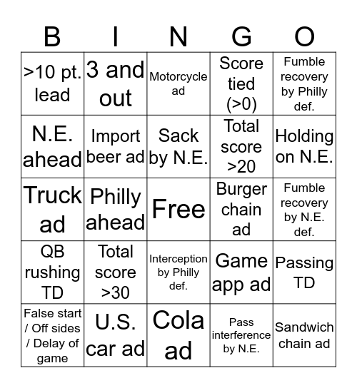 2018 Big Game Bingo Card