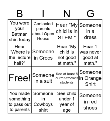 Open House Bingo Card