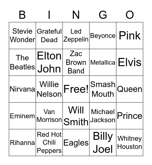 Musical Artist Bingo Card