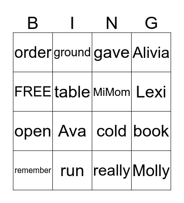 Alivia’s Spelling 1/31/18 Bingo Card