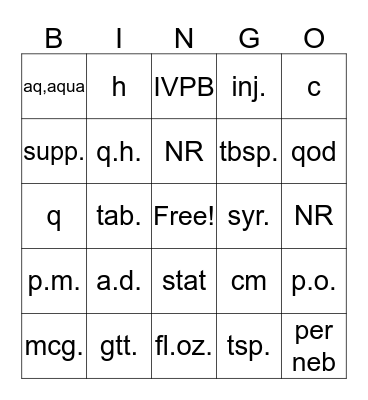 Medical Abbreviations Bingo Card