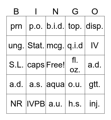 Medical Abbreviations Bingo Card