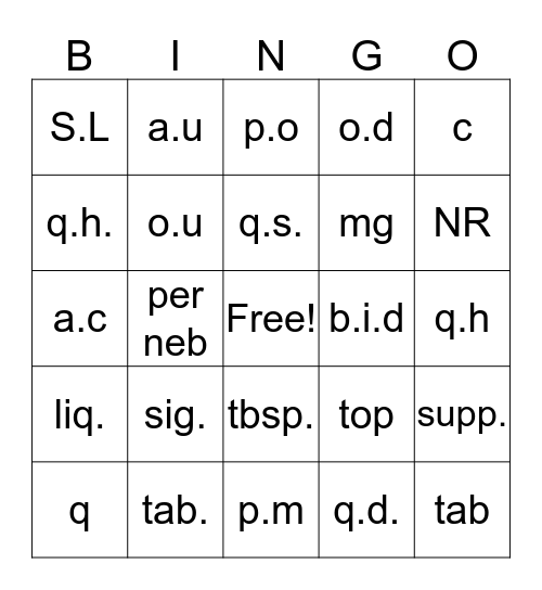 Bingo Abbreviation Bingo Card