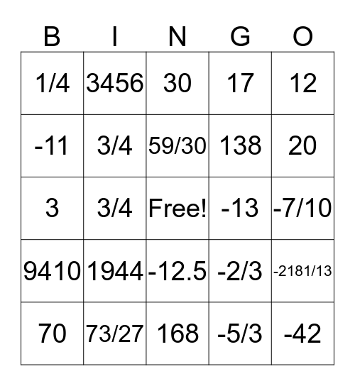 Cube Root Bingo Card