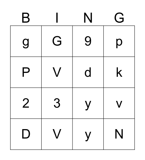 Number and Letter Recognition Bingo Card