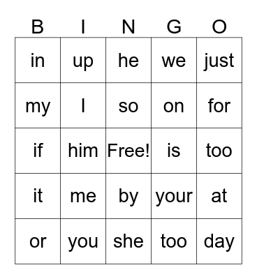Sight Words Bingo Card