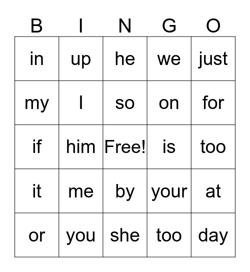 Sight Words Bingo Card