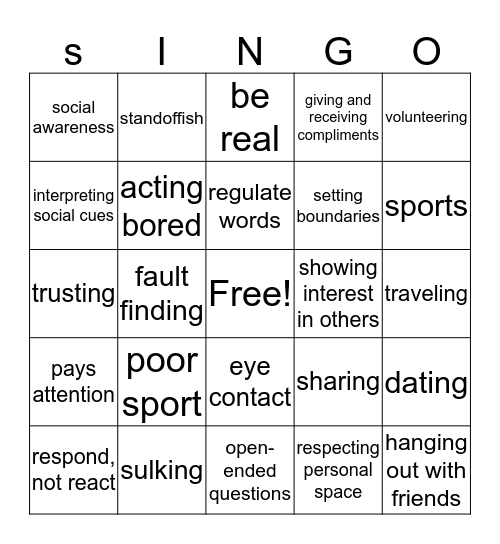 social skills Bingo Card