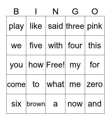 sight words Bingo Card