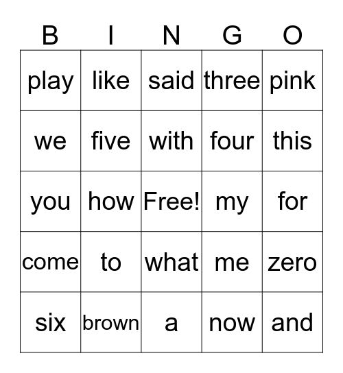 sight words Bingo Card