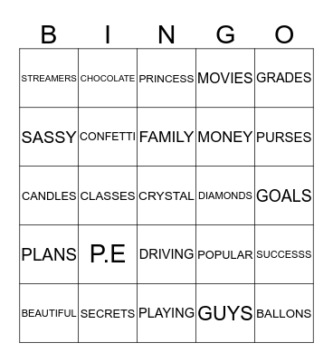 Crystal Sweet 16 Bingo Card