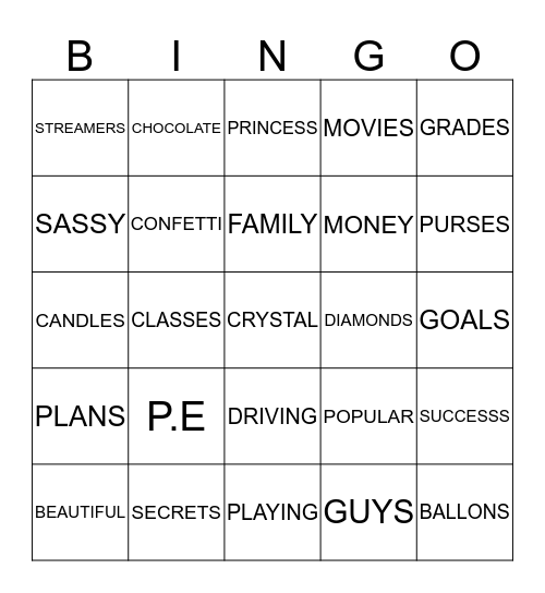 Crystal Sweet 16 Bingo Card